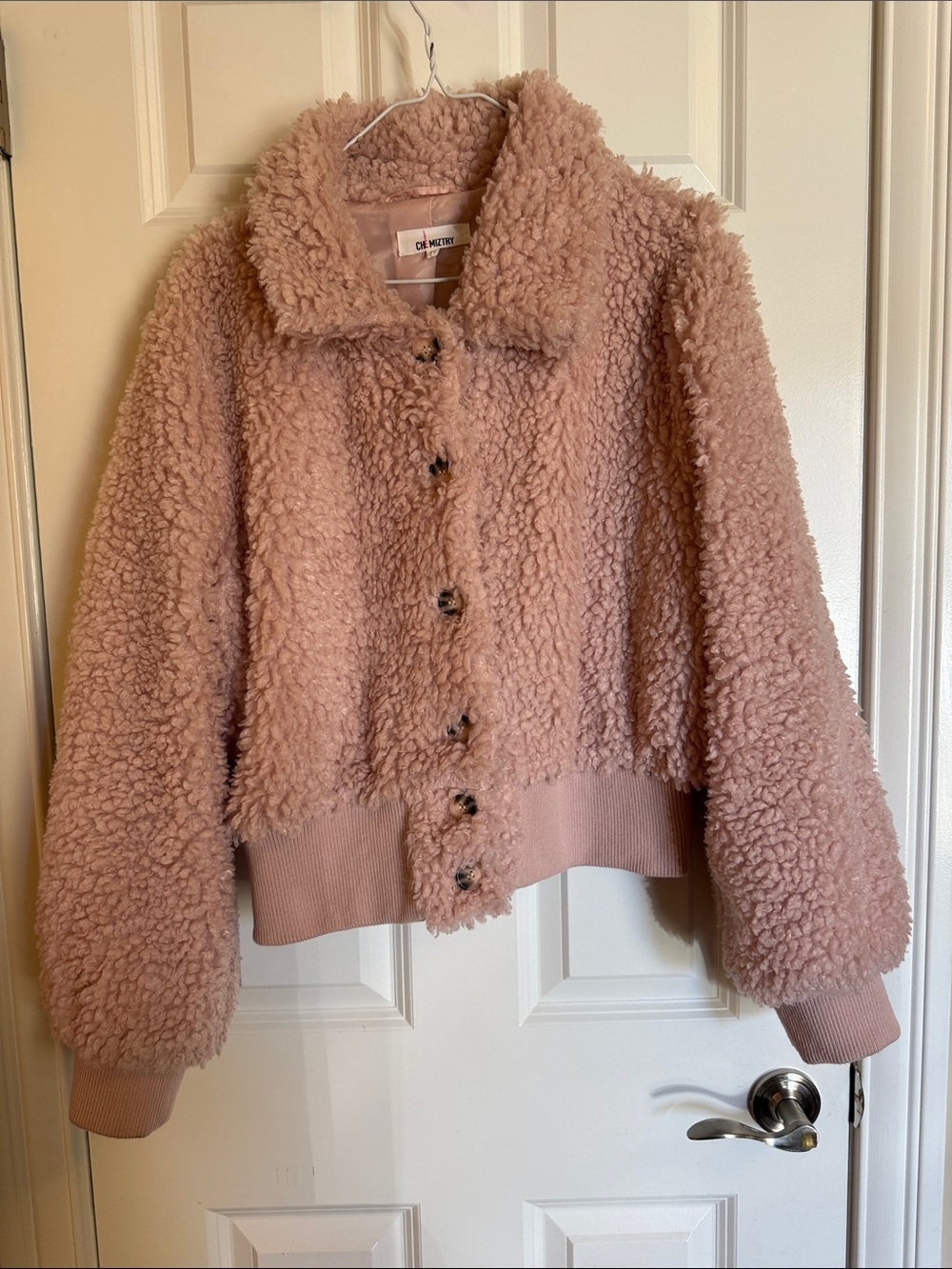 Chemistry Plush Teddy Button-Front Jacket - Blush Pink